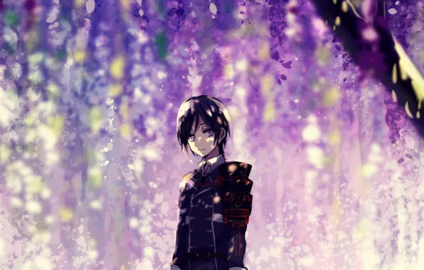 Picture flowering, military uniform, Wisteria, Wisteria, Touken Ranbu, Namazuo Toushirou, under the tree, Dance Of Swords