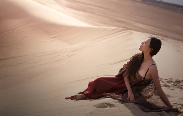 Sand, girl, light, pose, desert, dress, brunette, dunes