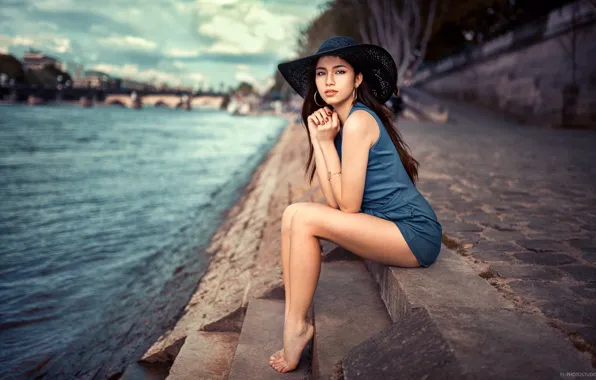 Girl, river, hat, barefoot, makeup, dress, brunette, hairstyle
