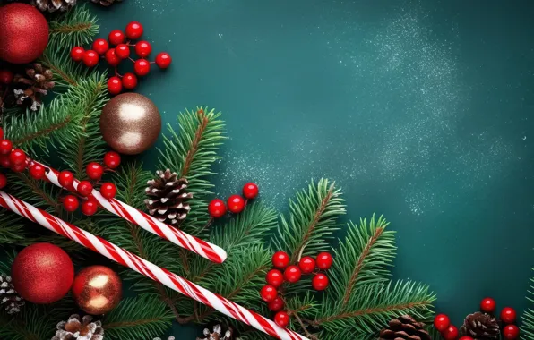 Balls, branches, Christmas, red, New year, needles, bumps, Christmas decorations