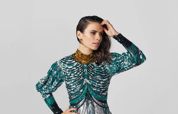 Pose, background, portrait, makeup, dress, actress, brunette, hairstyle
