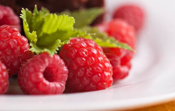 Picture berries, raspberry, plate, red, leaves
