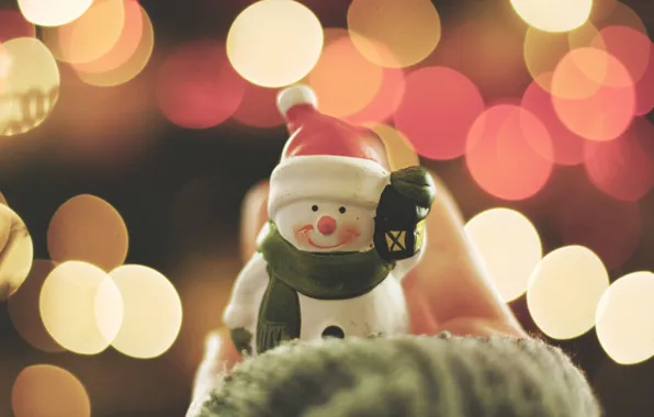 Lights, smile, new year, snowman, cap, bokeh, smiling