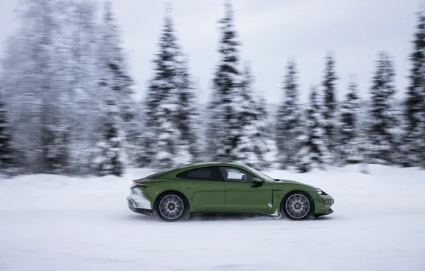 Picture snow, movement, Porsche, green, in profile, 2020, Taycan, Taycan 4S