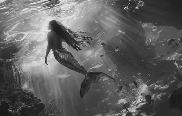 Fish, Girl, Mermaid, Hair, Underwater world, Tail, Digital art, Black and white