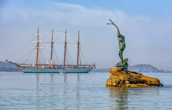 Picture sea, rock, ship, sailboat, sculpture, Spain, Spain, Sanxenxo