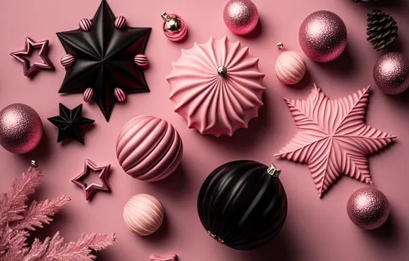Balls, Christmas, New year, pink, pink background, black, Christmas decorations, AI art