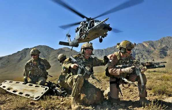 Picture the sky, mountains, weapons, Soldiers, helicopter, fighters, stretcher