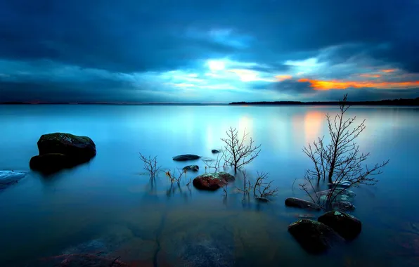 STONES, WATER, HORIZON, The SKY, CLOUDS, SUNSET, DAL, DAWN