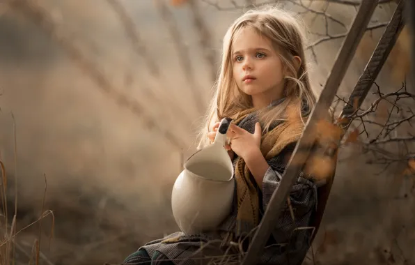 Branches, girl, pitcher, bokeh