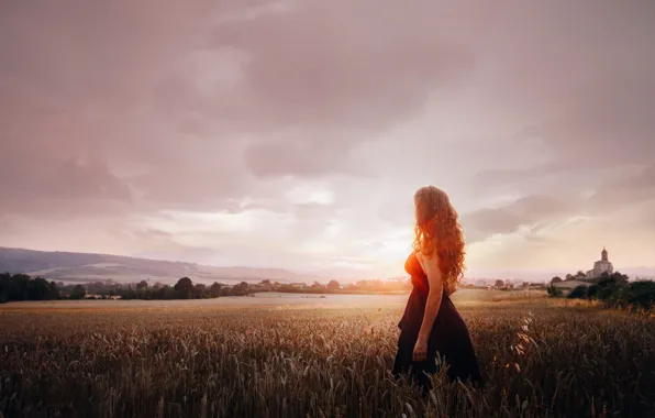 The sky, girl, landscape, nature, romance, dal, dress, long hair