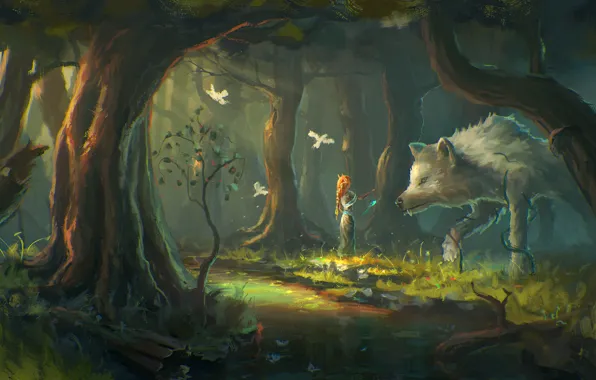 Forest, girl, trees, birds, fantasy, wolf, art