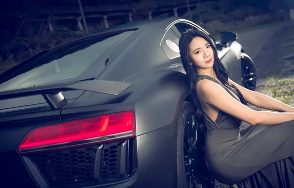 Auto, look, Girls, Asian, Audi R8, beautiful girl, Jasmine, posing on the car