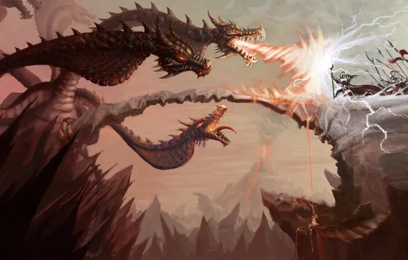 Flame, dragons, the battle, warriors, cue card