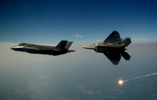 F-22, Raptor, UNITED STATES AIR FORCE, Lightning II, F-35, In the air, Lockheed Martin, The …