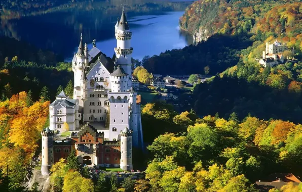 Autumn, forest, castle, Germany, Bayern, Nishishin