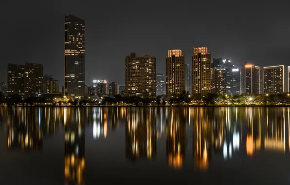 Night, the city, lights, reflection, skyscrapers