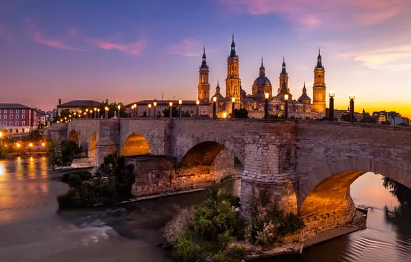 Picture sunset, bridge, lights, river, home, the evening, lights, Spain