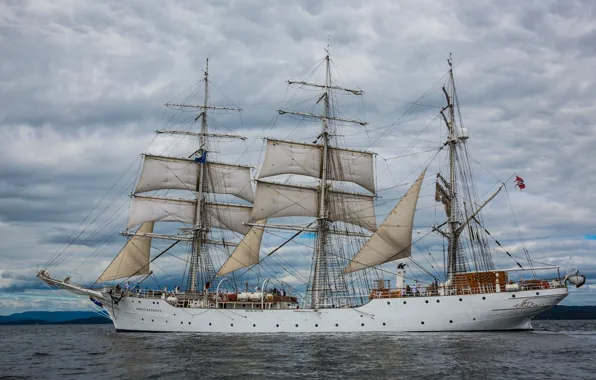 Sea, clouds, overcast, coast, ship, sailboat, Norway, sails