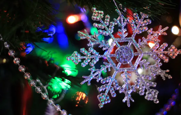 Winter, snowflakes, branches, holiday, toy, tree, new year, lights
