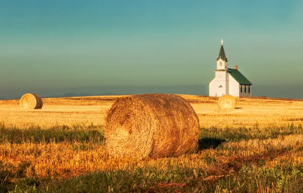 Picture field, the sky, mountains, harvest, hay, Church