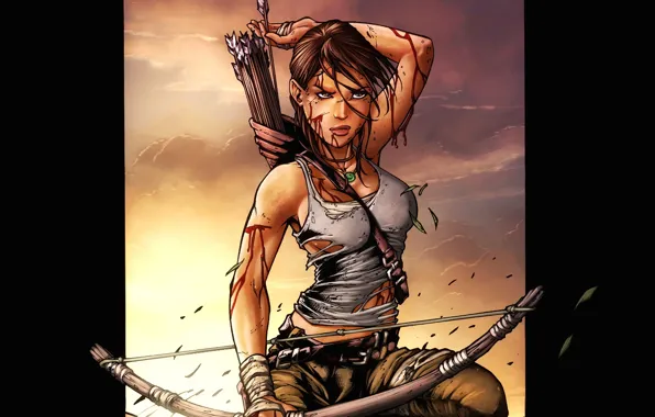 Picture girl, sunset, weapons, bow, Lara Croft, arrows, quiver, game wallpapers