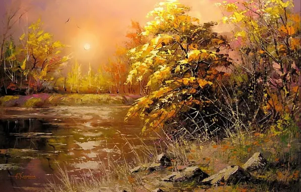 Autumn, the sun, landscape, sunset, river, stones, picture, the evening
