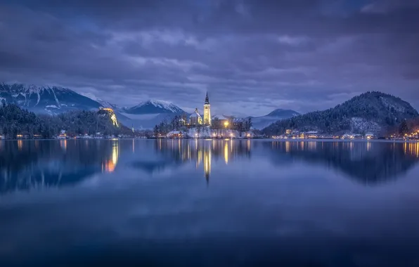 Picture winter, the evening, lake bled