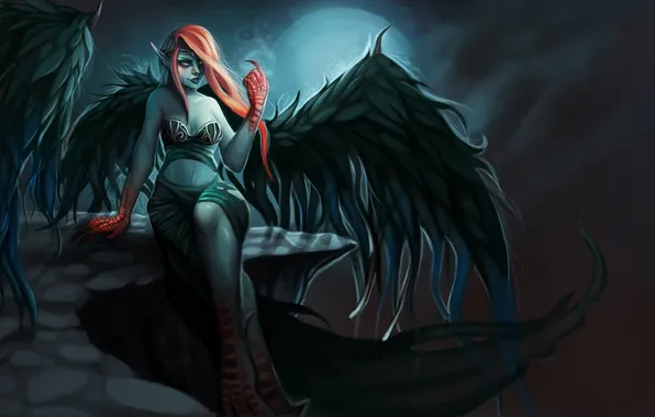 Girl, rocks, wings, League of Legends, gloom, sitting, morgana