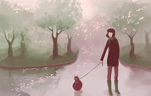 Picture autumn, cats, girls, figure