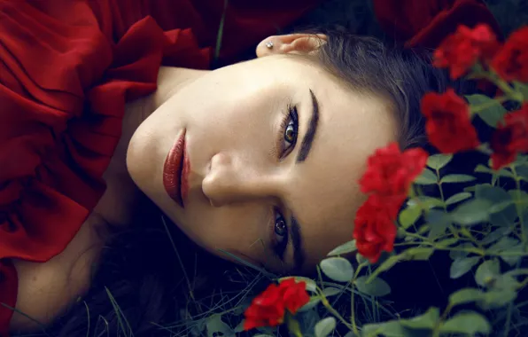 Picture look, flowers, close-up, face, roses, makeup, dress, brunette