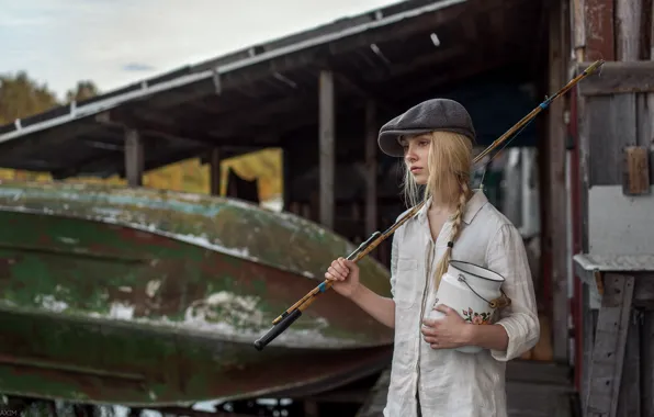 Look, girl, face, model, boat, fishing, portrait, hat