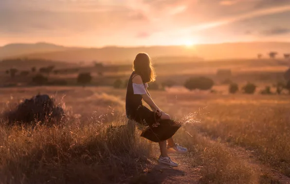 Field, summer, girl, basket, space