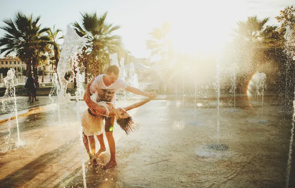 Happiness, dance, fountain, lovers, two