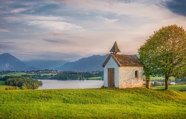 Trees, landscape, mountains, nature, lake, Germany, Bayern, chapel