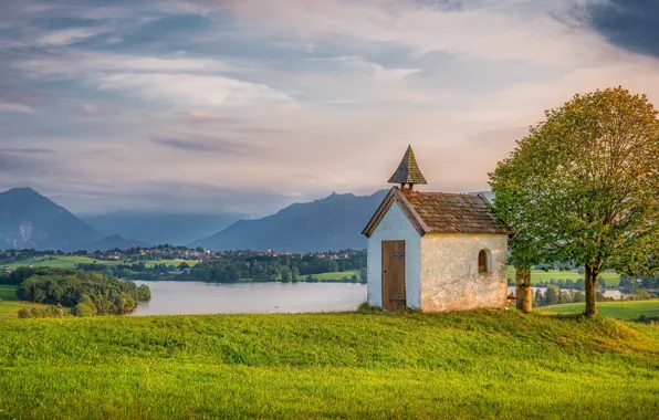 Landscape, mountains, nature, lake, tree, Germany, Bayern, chapel