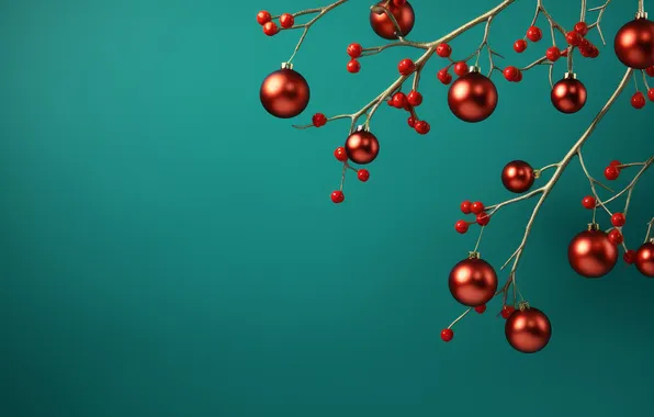 Balls, branches, berries, Shine, texture, Christmas, red, New year