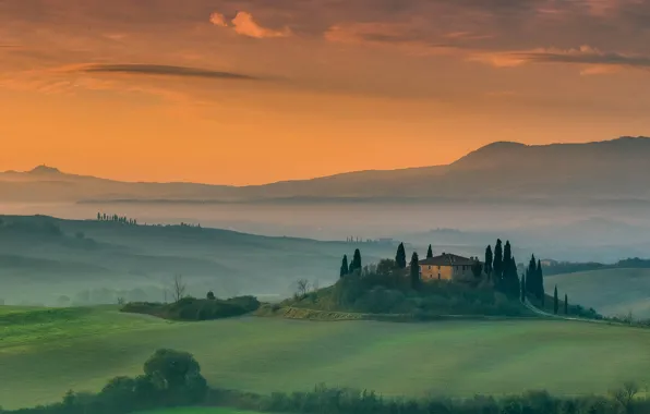 The sky, trees, house, field, Italy, estate, Tuscany