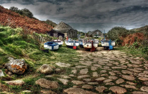 Landscape, stones, boats, stone houses