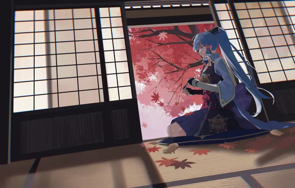 Kimono, Japanese clothing, blue hair, maple leaves, on my knees, sitting on the floor, tatami, …