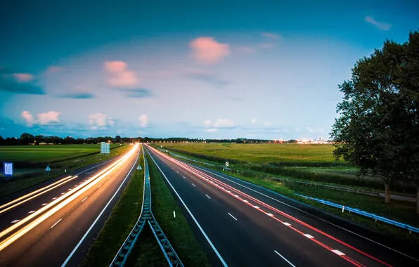 Road, autumn, lights, the evening, excerpt, Netherlands, September, autobahn