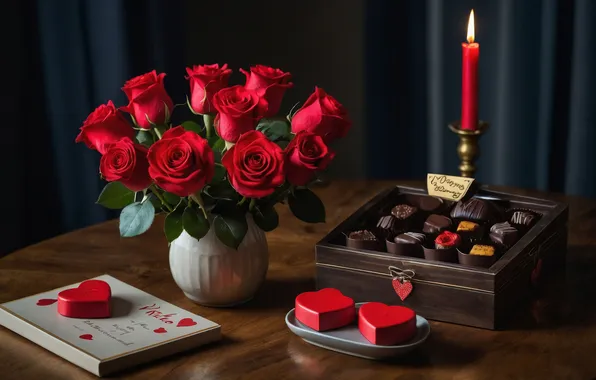 Love, flowers, the dark background, table, holiday, box, gift, heart