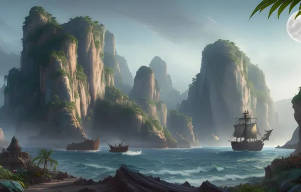 Sea, forest, rocks, the moon, ship, jungle
