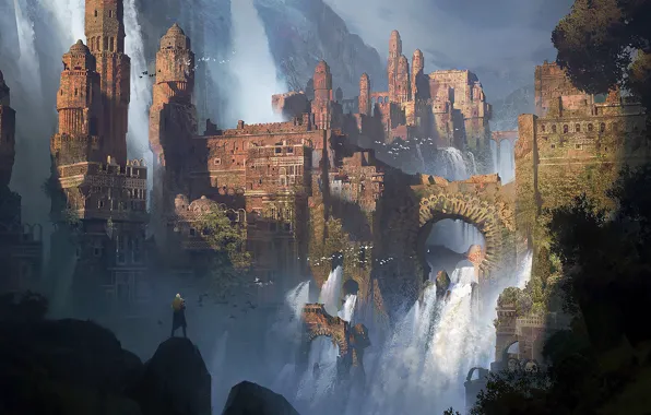 Mountains, waterfall, man, fortress, WATERFALLS