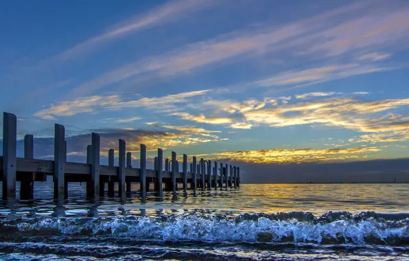 Sea, landscape, sunset, bridge