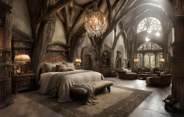 Castle, bed, interior, bedroom, Palace, AI art, neural network