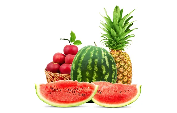 Apples, watermelon, pineapple, light background