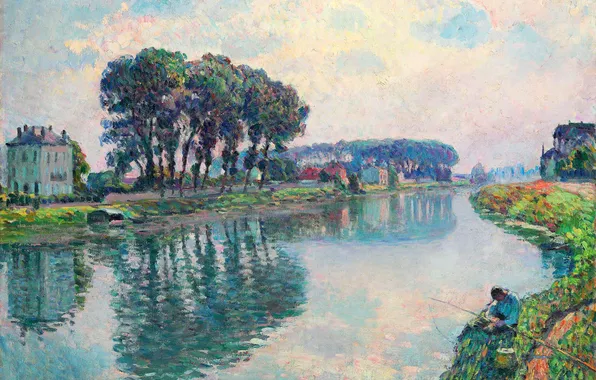 Picture landscape, river, picture, fisherman, Henri Lebasque, Fisher at the Bank of the Marne at Lagny