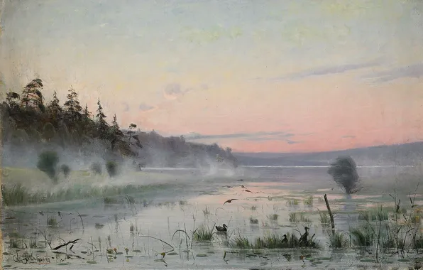 Landscape, oil, picture, CARL JOHANSSON, Carl Johansson, Morning mist over the lake
