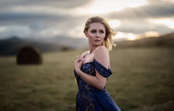 Field, girl, light, nature, pose, hay, blue dress, Kip